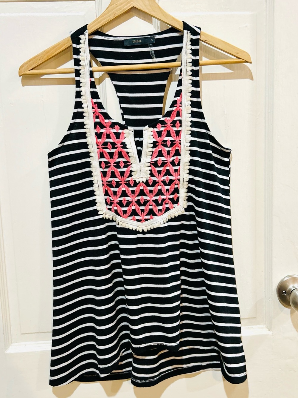 THML Black & White Striped Tank Top Pink Embroidery Boho Summer Coastal Size S